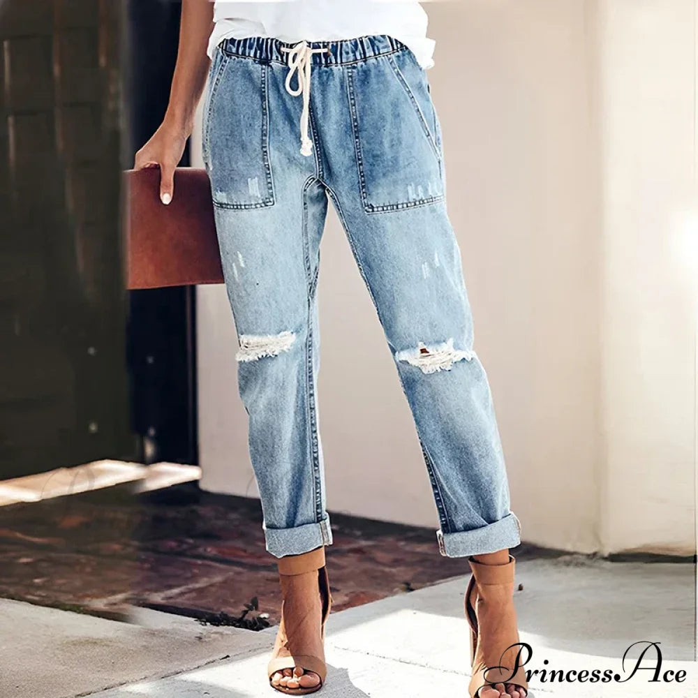 Women’s Streetwear Ripped Vintage Casual Fashion Drawstring Elastic Waist High Baggy Jean Light