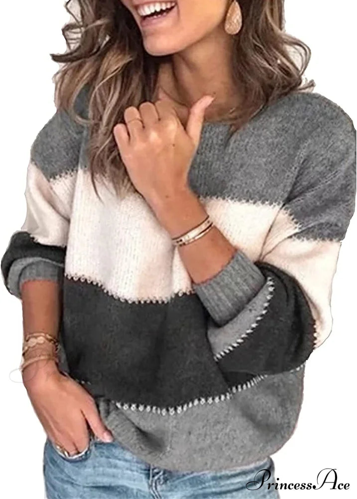 Women’s Stripe Sweaters Color Block Long Sleeve Pullover Grey / Small Sweaters-L