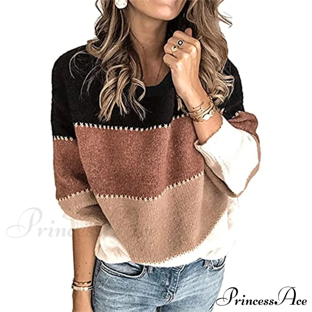 Women’s Stripe Sweaters Color Block Long Sleeve Pullover Sweaters-L