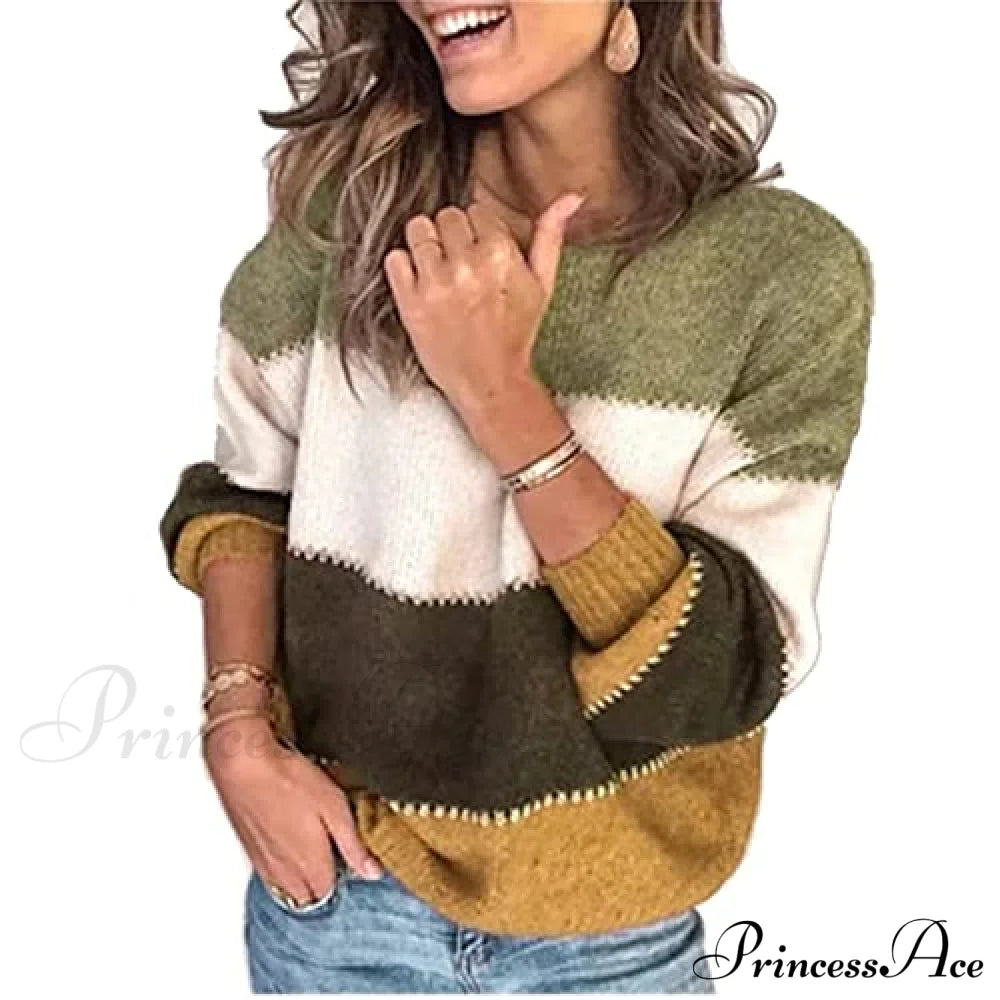 Women’s Stripe Sweaters Color Block Long Sleeve Pullover Sweaters-L