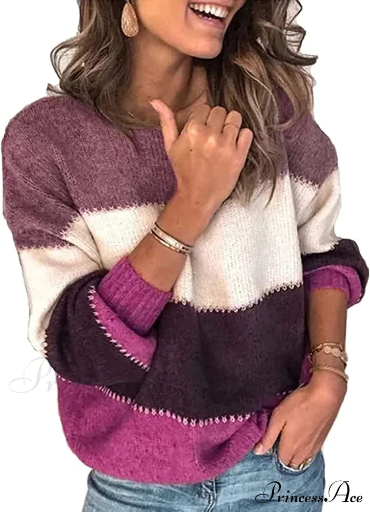 Women’s Stripe Sweaters Color Block Long Sleeve Pullover Purple / Small Sweaters-L