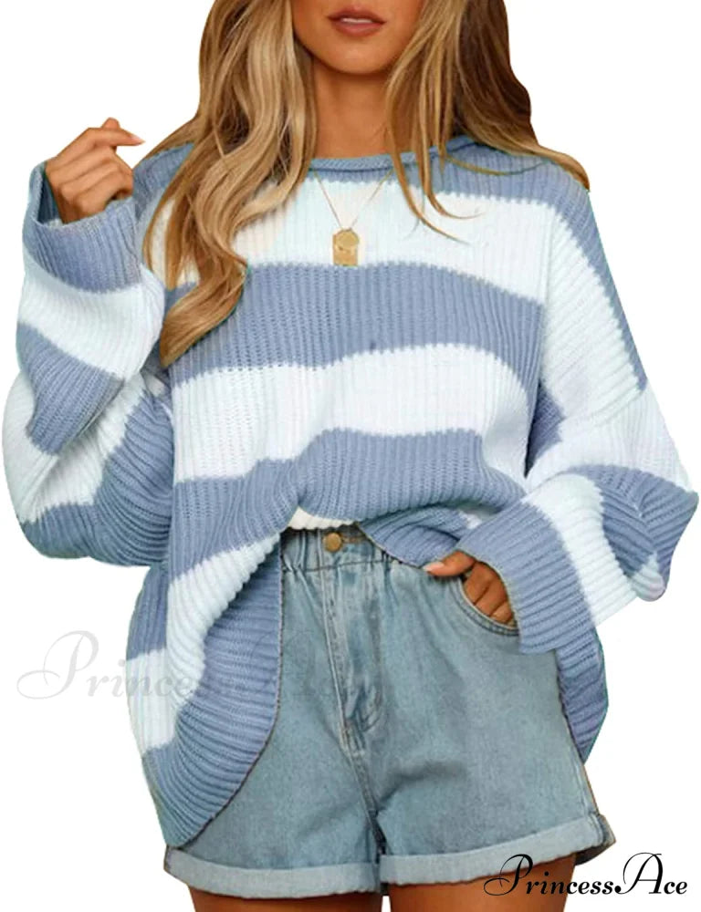 Women’s Striped Color Comfy Knitted Sweater Blue / Medium Sweaters-L