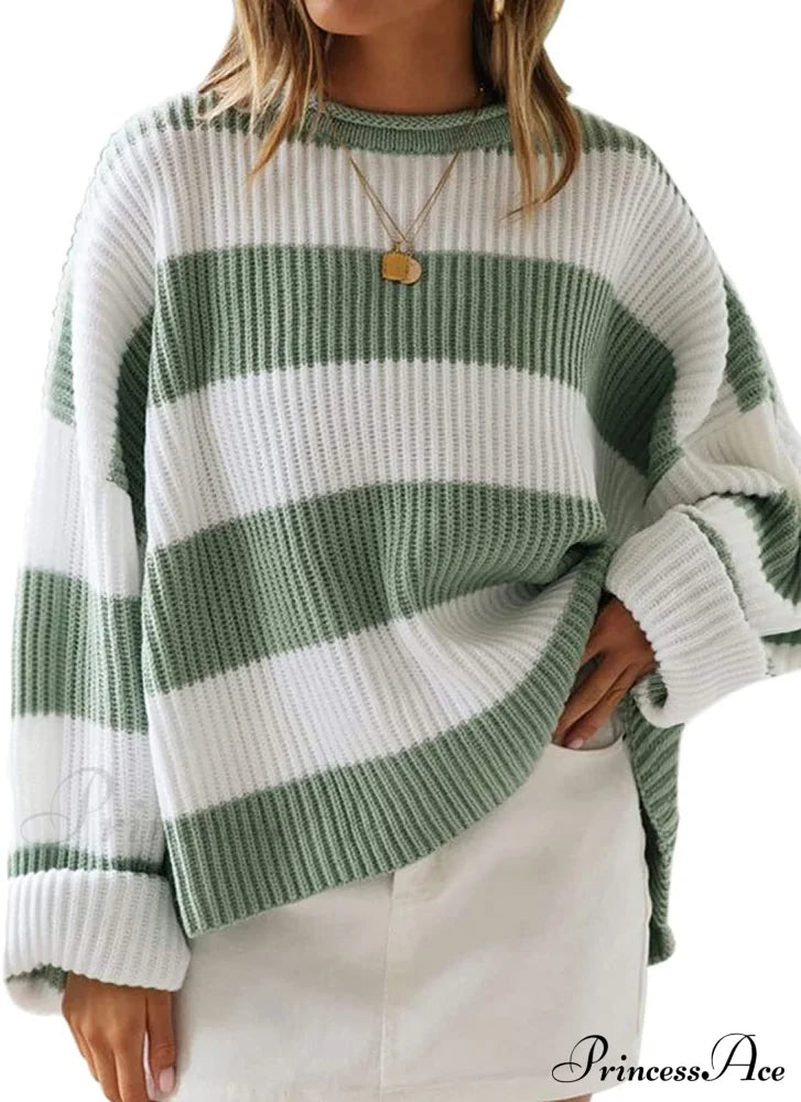 Women’s Striped Color Comfy Knitted Sweater Green / X-Large Sweaters-L