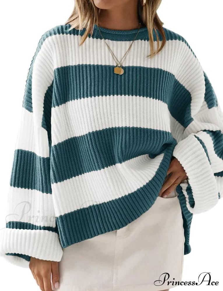 Women’s Striped Color Comfy Knitted Sweater Grey / Medium Sweaters-L