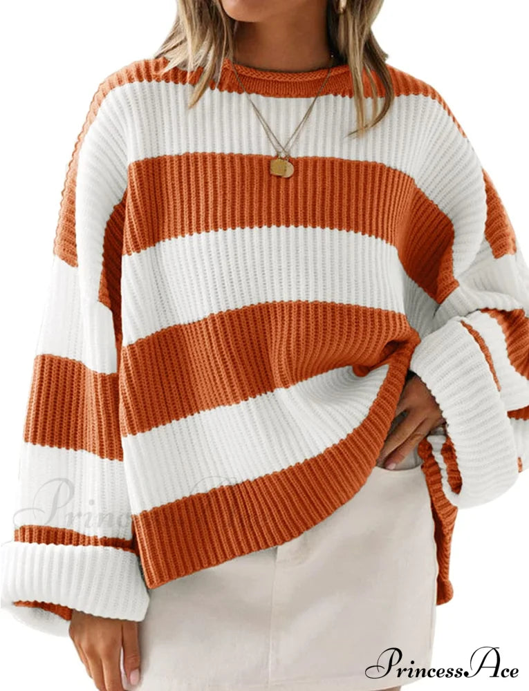 Women’s Striped Color Comfy Knitted Sweater Orange / Medium Sweaters-L