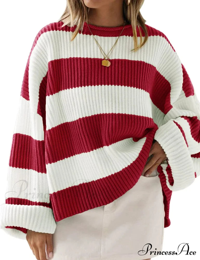 Women’s Striped Color Comfy Knitted Sweater Red / Medium Sweaters-L