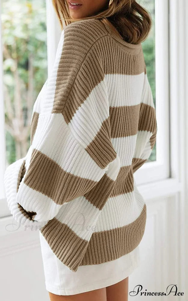 Women’s Striped Color Comfy Knitted Sweater Sweaters-L