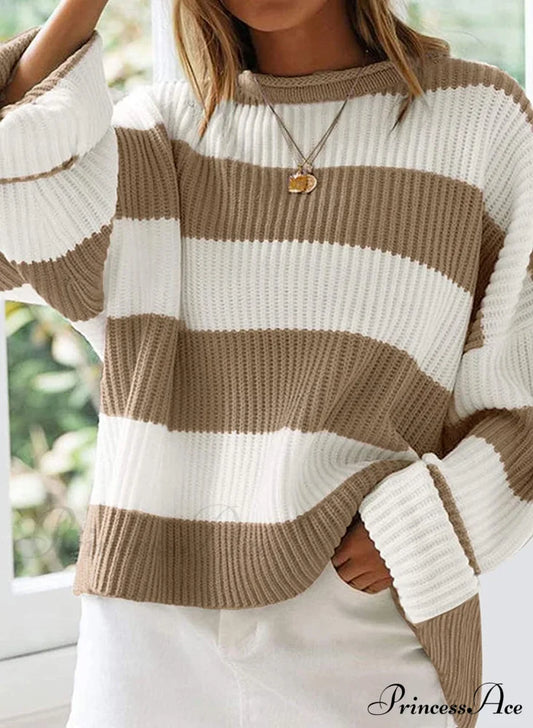 Women’s Striped Color Comfy Knitted Sweater Sweaters-L