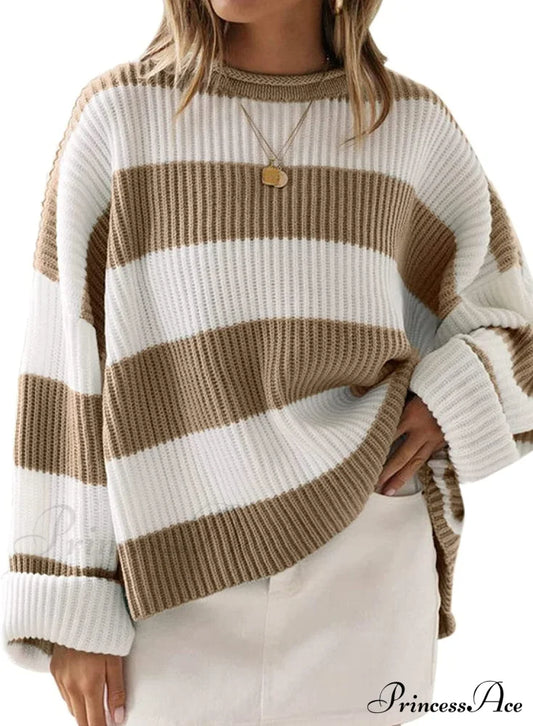 Women’s Striped Color Comfy Knitted Sweater Sweaters-L