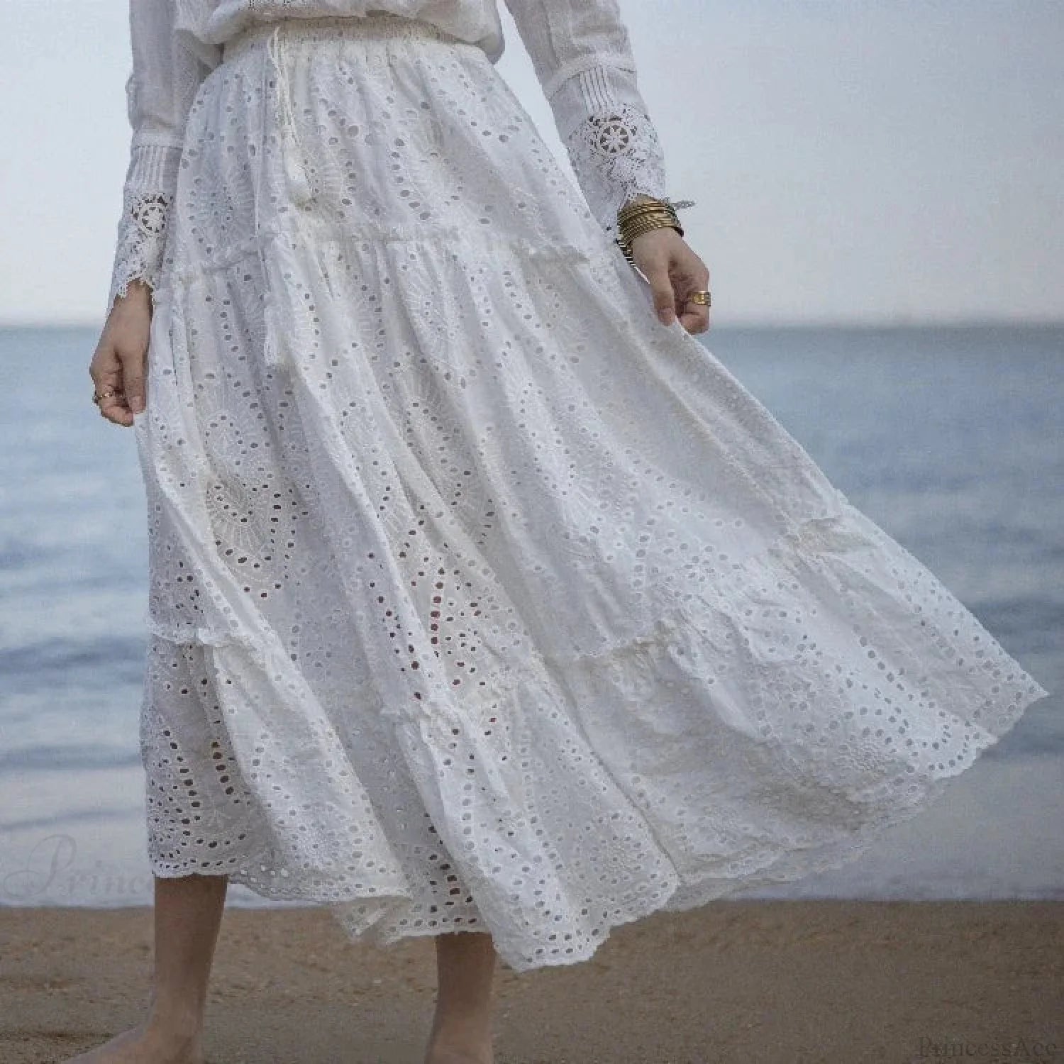Women’s Summer Cotton Full Lace Midi Skirt A-line Boho Vacation