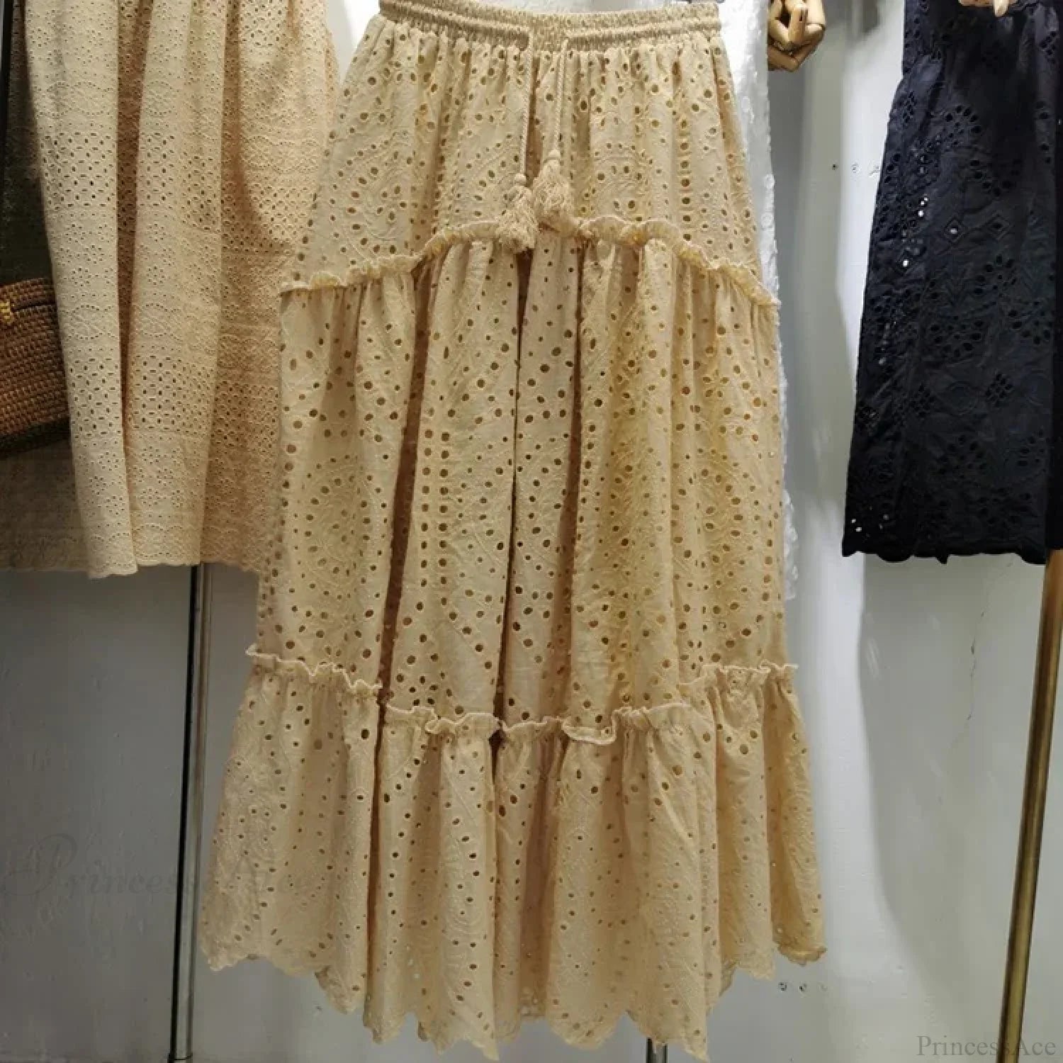 Women’s Summer Cotton Full Lace Midi Skirt A-line Boho Vacation Khaki / S