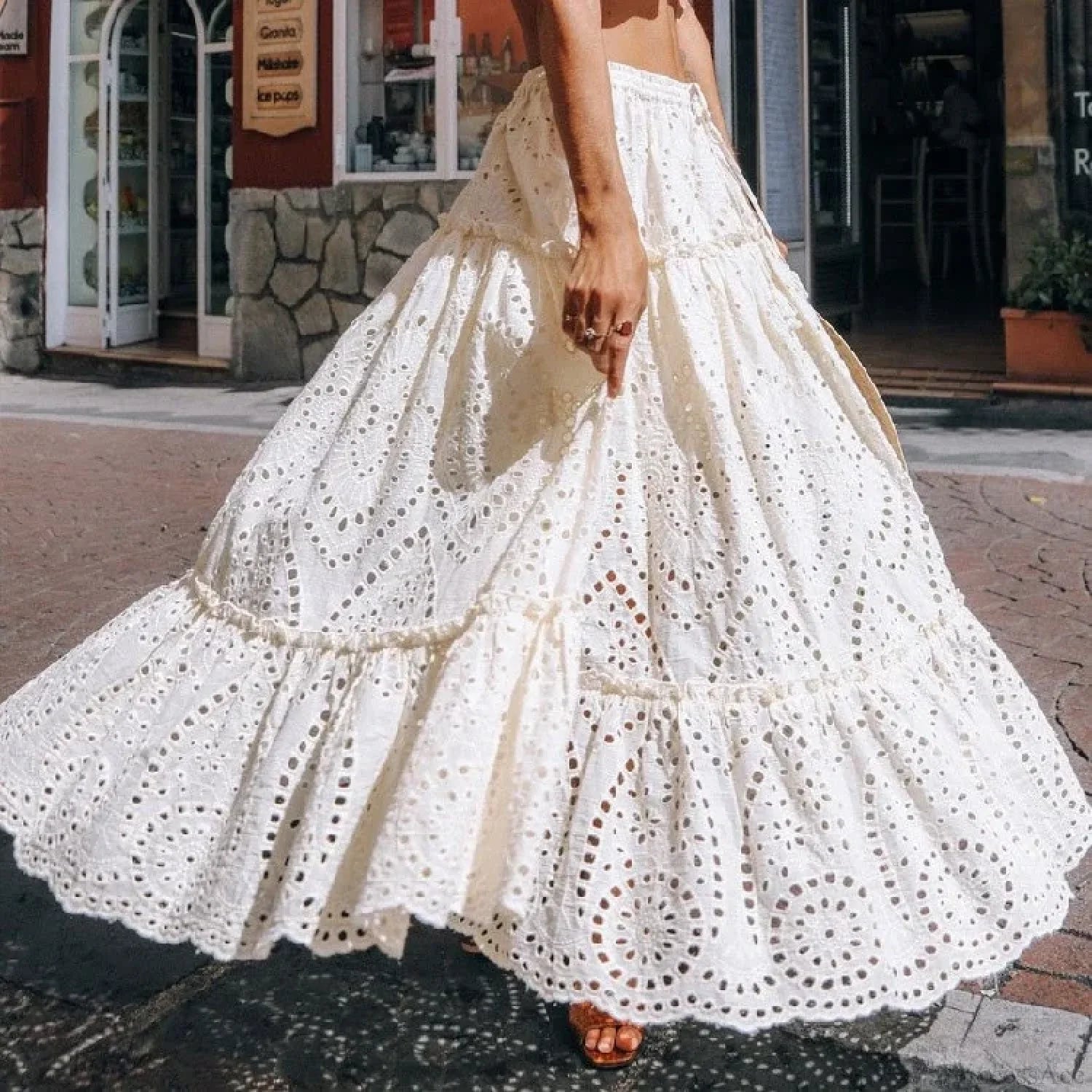 Women’s Summer Cotton Full Lace Midi Skirt A-line Boho Vacation WHITE / S