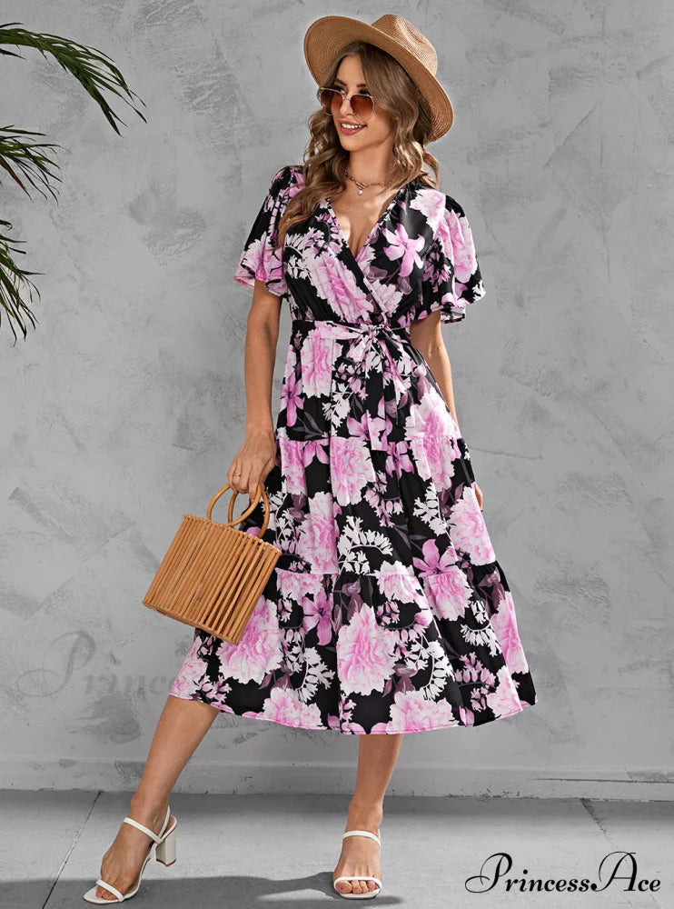 Women’s Summer Floral V-Neck Short Sleeve Dress With Belt - Chiffon Mid-Length Boho Beach