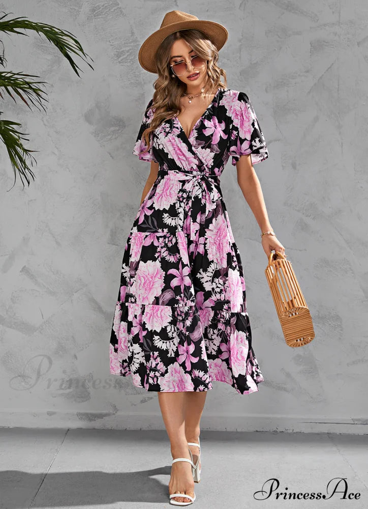 Women’s Summer Floral V-Neck Short Sleeve Dress With Belt - Chiffon Mid-Length Boho Beach