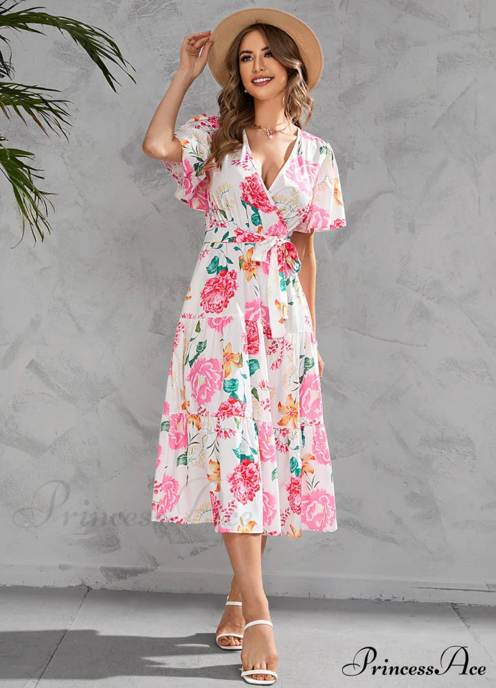 Women’s Summer Floral V-Neck Short Sleeve Dress With Belt - Chiffon Mid-Length Boho Beach