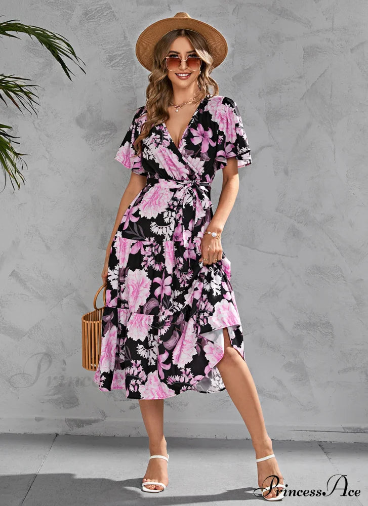 Women’s Summer Floral V-Neck Short Sleeve Dress With Belt - Chiffon Mid-Length Boho Beach