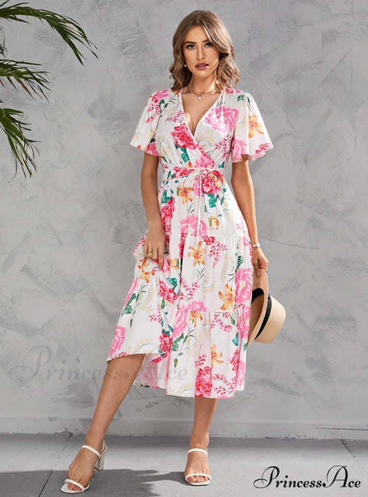 Women’s Summer Floral V-Neck Short Sleeve Dress With Belt - Chiffon Mid-Length Boho Beach