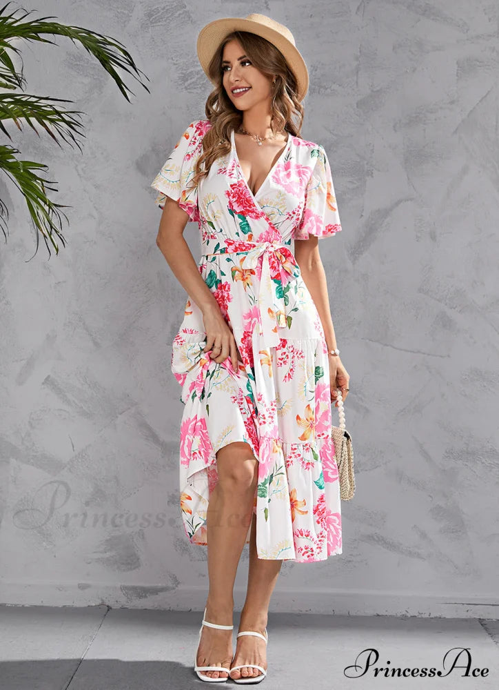 Women’s Summer Floral V-Neck Short Sleeve Dress With Belt - Chiffon Mid-Length Boho Beach