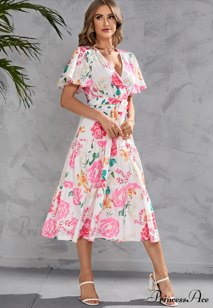 Women’s Summer Floral V-Neck Short Sleeve Dress With Belt - Chiffon Mid-Length Boho Beach