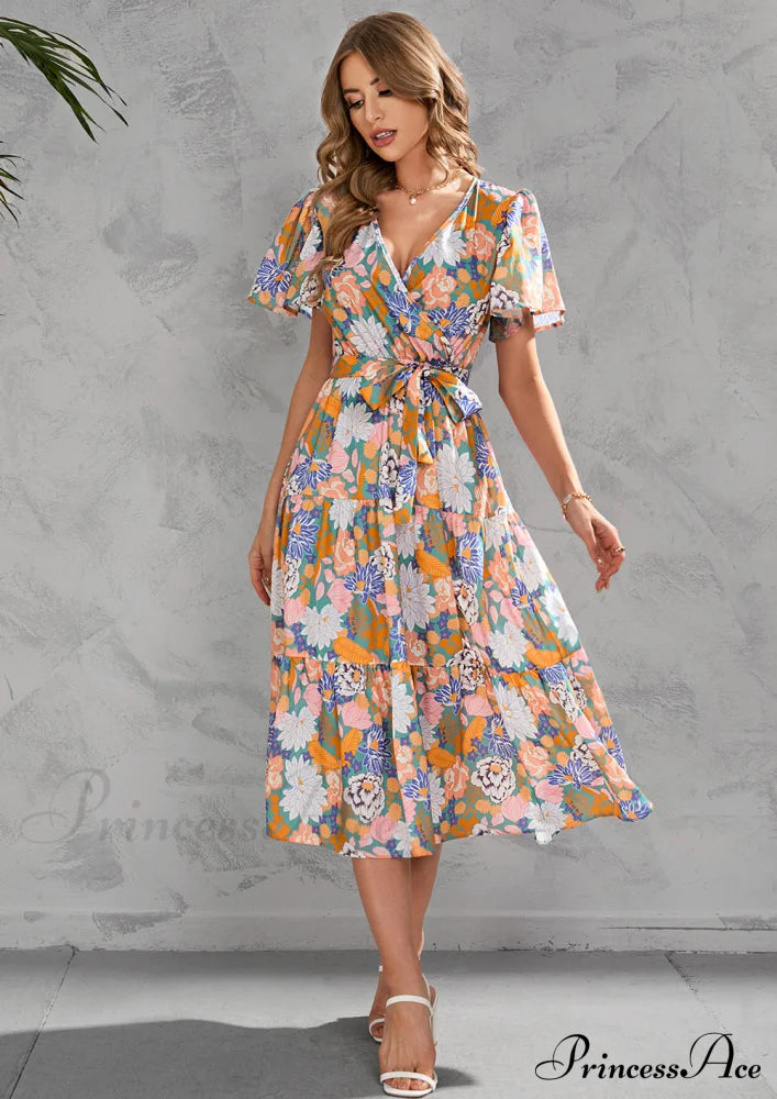 Women’s Summer Floral V-Neck Short Sleeve Dress With Belt - Chiffon Mid-Length Boho Beach