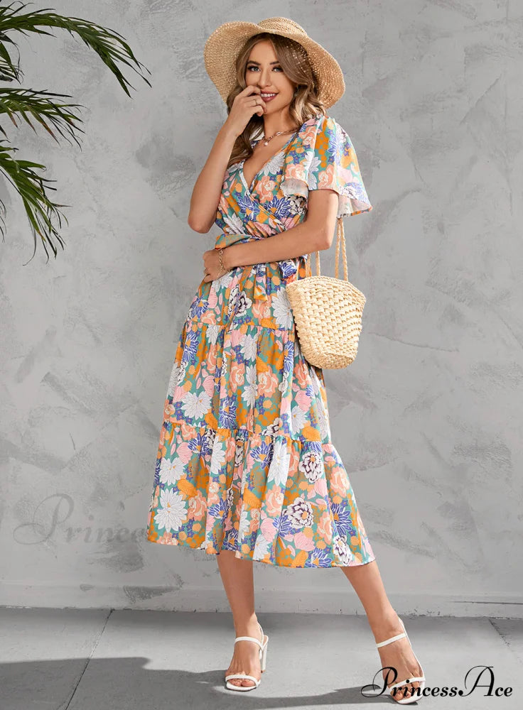 Women’s Summer Floral V-Neck Short Sleeve Dress With Belt - Chiffon Mid-Length Boho Beach