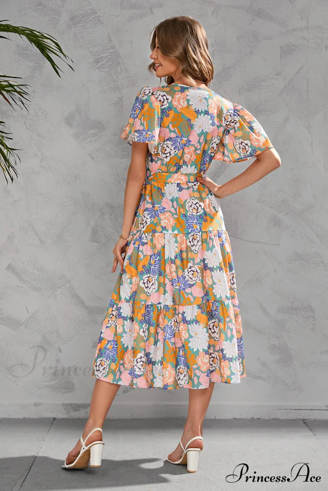 Women’s Summer Floral V-Neck Short Sleeve Dress With Belt - Chiffon Mid-Length Boho Beach