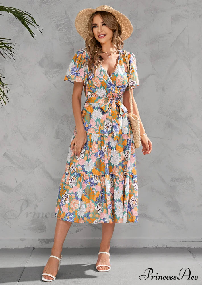 Women’s Summer Floral V-Neck Short Sleeve Dress With Belt - Chiffon Mid-Length Boho Beach