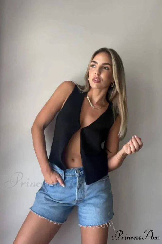 Women's Deep V Sexy New Sleeveless Hot Girl Knitted Top Cardigan Black clothes shirt shirts short sleeve top tops vest vests