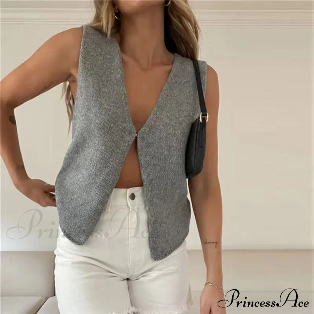 Women's Deep V Sexy New Sleeveless Hot Girl Knitted Top Cardigan Grey clothes shirt shirts short sleeve top tops vest vests