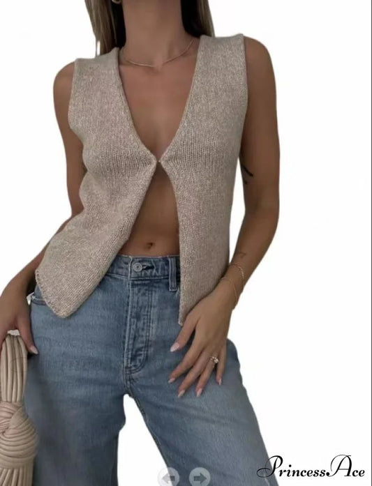 Women's Deep V Sexy New Sleeveless Hot Girl Knitted Top Cardigan Khaki clothes shirt shirts short sleeve top tops vest vests