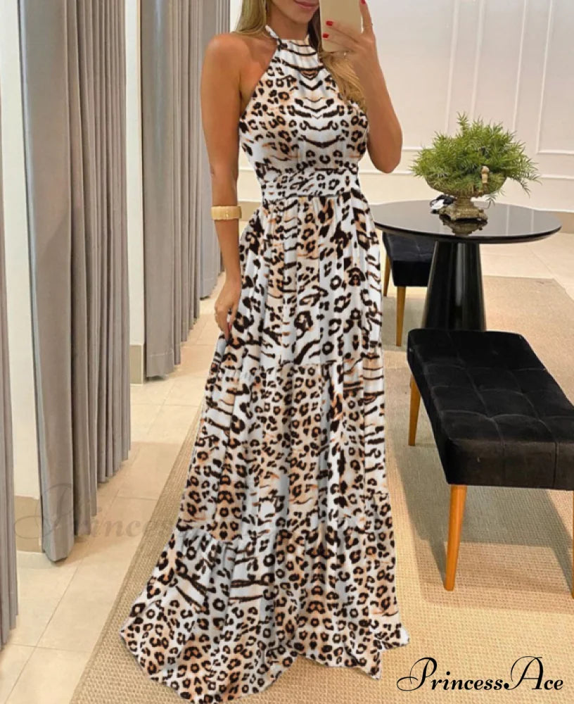 Women’s Tropical Halter Backless Maxi Dress - Sleeveless Beach S / Leopard Print Dresses