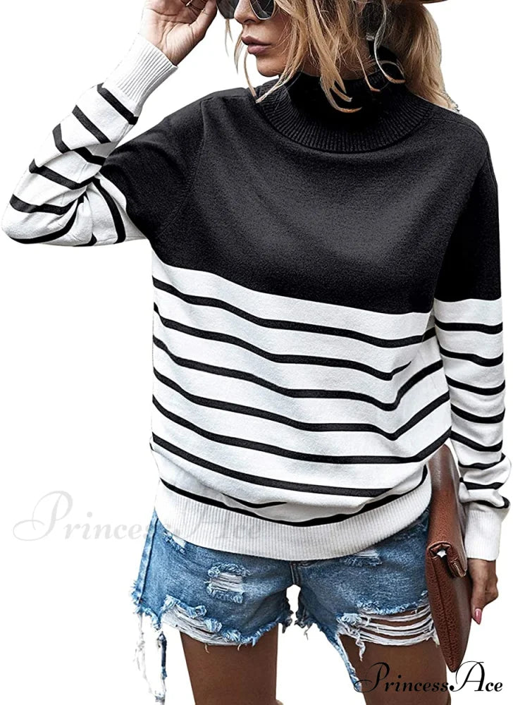 Womens Turtleneck Knitted Long Sleeves Stripe Sweater Stripe-Black / Small Sweaters-L