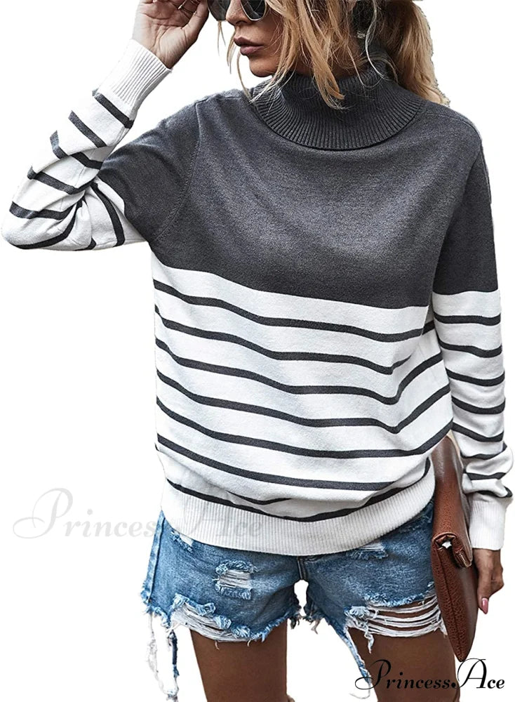 Womens Turtleneck Knitted Long Sleeves Stripe Sweater Stripe-Gray / Medium Sweaters-L