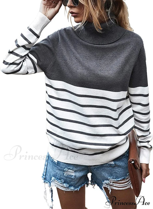 Womens Turtleneck Knitted Long Sleeves Stripe Sweater Stripe-Gray / Medium Sweaters-L