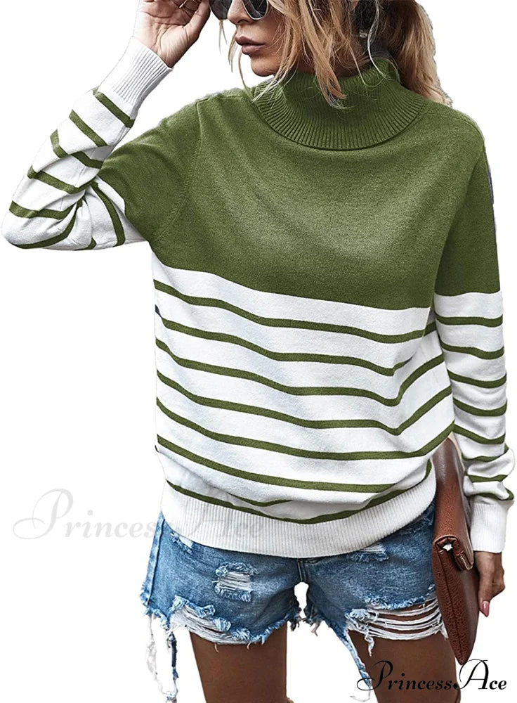 Womens Turtleneck Knitted Long Sleeves Stripe Sweater Stripe-Green / Large Sweaters-L