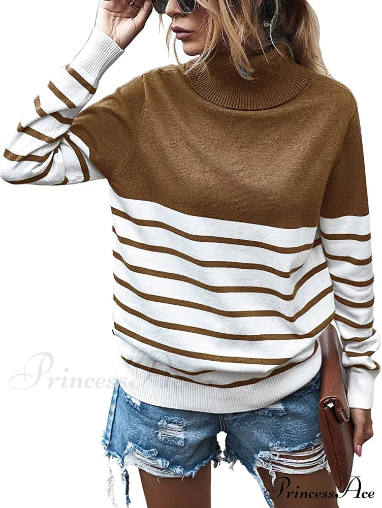 Womens Turtleneck Knitted Long Sleeves Stripe Sweater Stripe-Khaki / Medium Sweaters-L