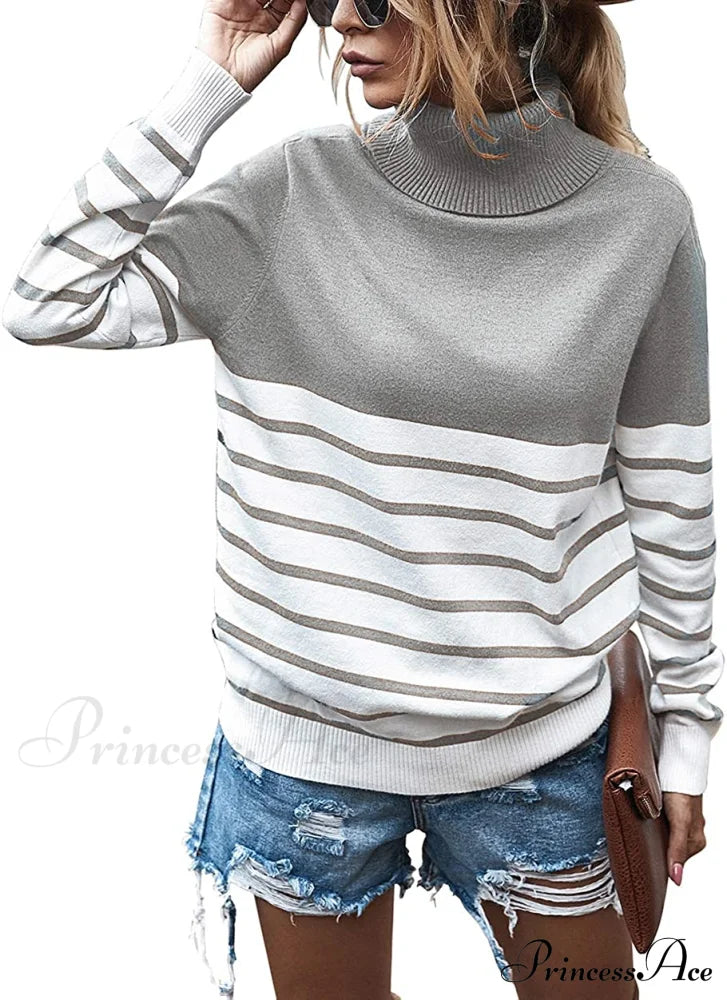 Womens Turtleneck Knitted Long Sleeves Stripe Sweater Stripe-Light Gray / Medium Sweaters-L