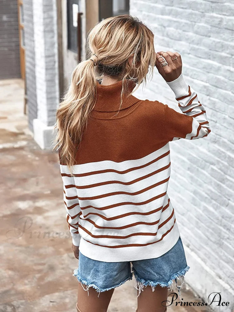 Womens Turtleneck Knitted Long Sleeves Stripe Sweater Sweaters-L