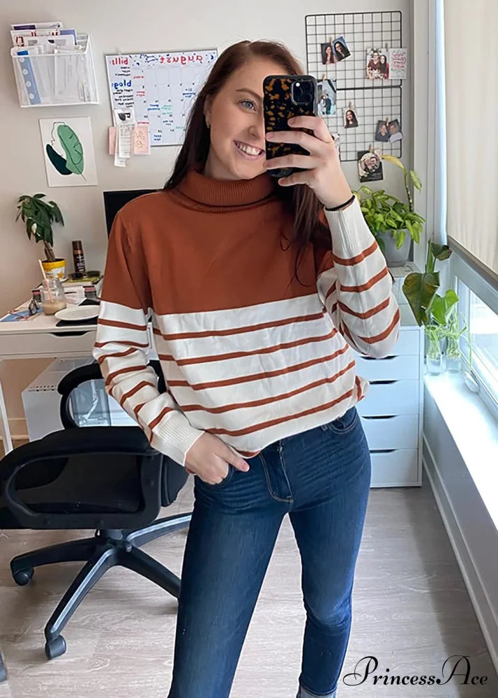 Womens Turtleneck Knitted Long Sleeves Stripe Sweater Sweaters-L