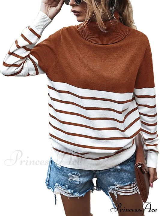 Womens Turtleneck Knitted Long Sleeves Stripe Sweater Sweaters-L