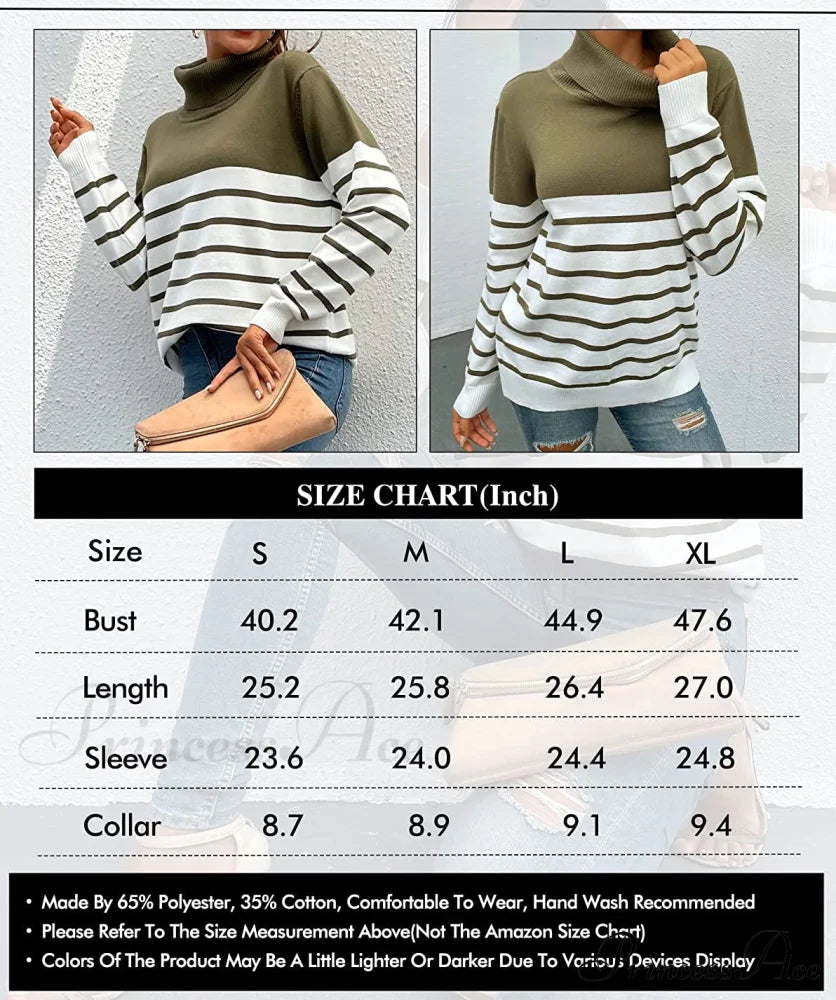 Womens Turtleneck Knitted Long Sleeves Stripe Sweater Sweaters-L