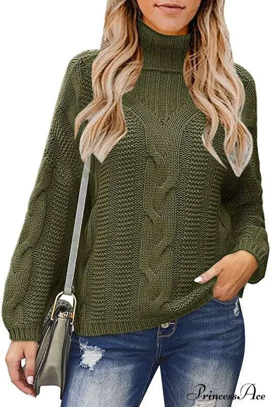 Womens Turtleneck Loose Oversized Chunky Knitted Sweater Army Green / Large Sweaters-L