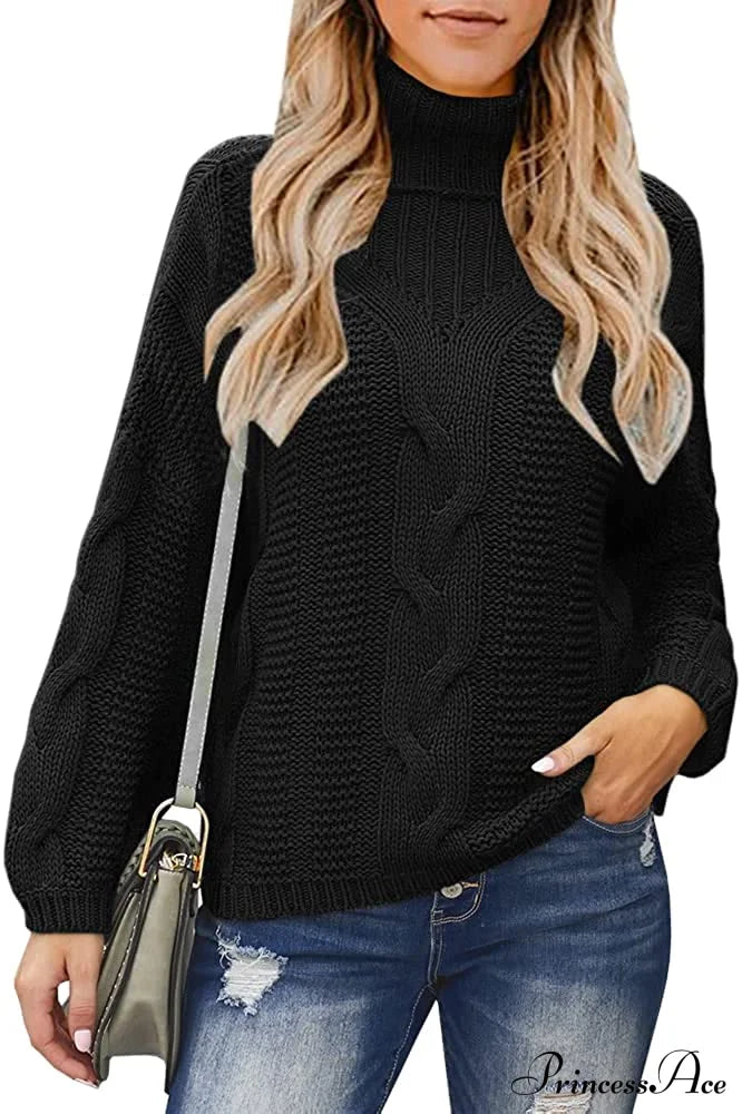 Womens Turtleneck Loose Oversized Chunky Knitted Sweater Black / Small Sweaters-L