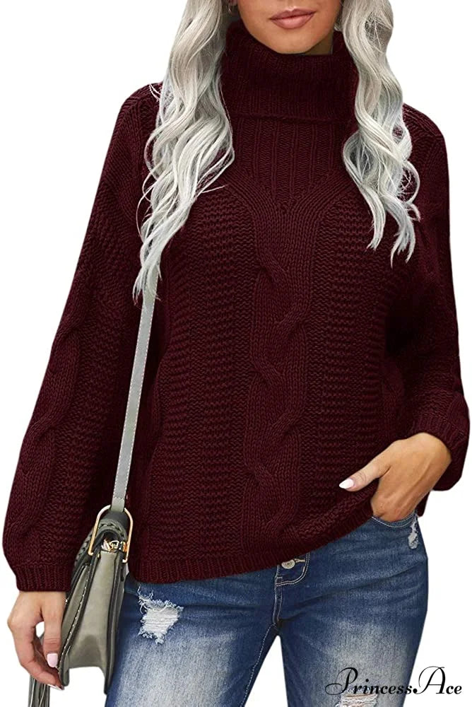 Womens Turtleneck Loose Oversized Chunky Knitted Sweater Burgundy / Small Sweaters-L