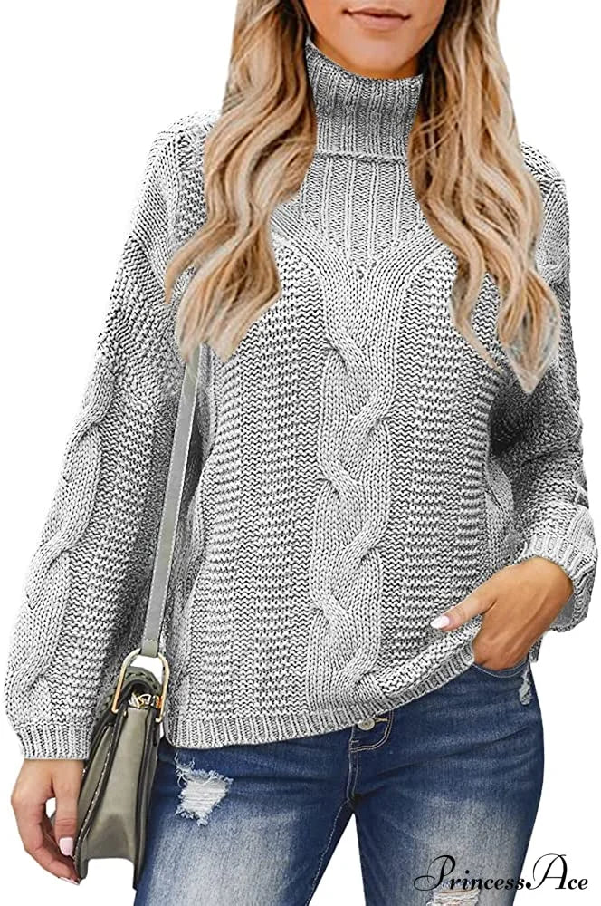 Womens Turtleneck Loose Oversized Chunky Knitted Sweater Gray / X-Large Sweaters-L