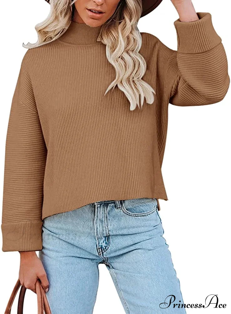 Women’s Turtleneck Oversized Long Sleeve Casual Warm Pullover Brown / Medium Sweaters-L