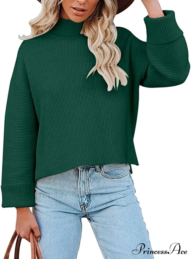 Women’s Turtleneck Oversized Long Sleeve Casual Warm Pullover Dark Green / Large Sweaters-L