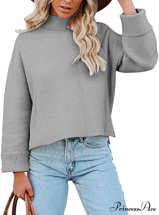 Women’s Turtleneck Oversized Long Sleeve Casual Warm Pullover Gray / Large Sweaters-L