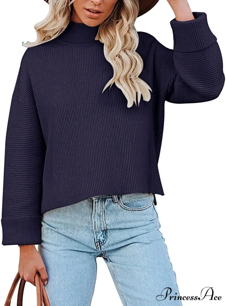 Women’s Turtleneck Oversized Long Sleeve Casual Warm Pullover Navy Blue / Large Sweaters-L