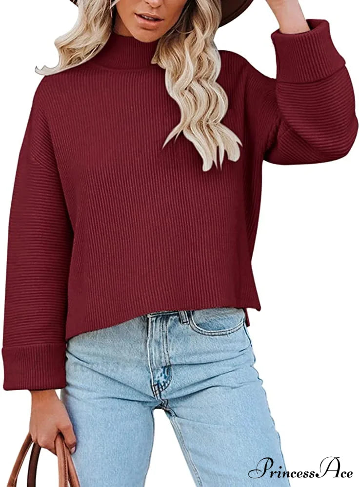 Women’s Turtleneck Oversized Long Sleeve Casual Warm Pullover Wine Red / Large Sweaters-L